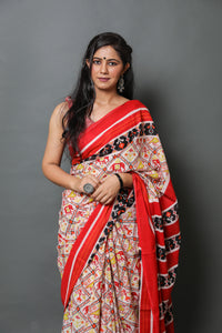 Beige Patola Print Mul Cotton Saree with Blouse Piece