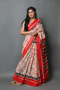 Beige Patola Print Mul Cotton Saree with Blouse Piece