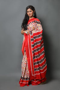 Beige Patola Print Mul Cotton Saree with Blouse Piece