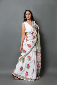 White Rose Hand Block Butta Print Mul Cotton Saree with Blouse Piece