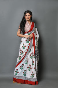 White Poppy Hand Block Butta Print Mul Cotton Saree with Blouse Piece