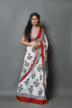 White Poppy Hand Block Butta Print Mul Cotton Saree with Blouse Piece