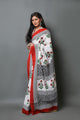 White Poppy Hand Block Butta Print Mul Cotton Saree with Blouse Piece