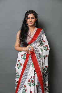 White Poppy Hand Block Butta Print Mul Cotton Saree with Blouse Piece