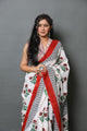 White Poppy Hand Block Butta Print Mul Cotton Saree with Blouse Piece