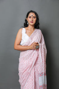 White & Pink Hand Block Butti Print Mul Cotton Saree with Blouse Piece