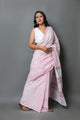 White & Pink Hand Block Butti Print Mul Cotton Saree with Blouse Piece