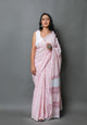 White & Pink Hand Block Butti Print Mul Cotton Saree with Blouse Piece