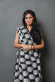 Black Buddha Block Print Mul Cotton Saree with Blouse Piece