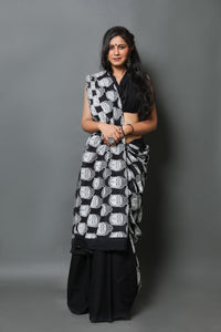 Black Buddha Block Print Mul Cotton Saree with Blouse Piece