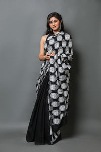 Black Buddha Block Print Mul Cotton Saree with Blouse Piece