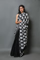 Black Buddha Block Print Mul Cotton Saree with Blouse Piece