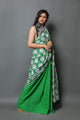 Green Buddha Block Print Mul Cotton Saree with Blouse Piece