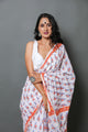 White & Blue Hand Block Butti Print Mul Cotton Saree with Blouse Piece