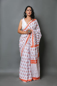 White & Blue Hand Block Butti Print Mul Cotton Saree with Blouse Piece