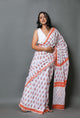 White & Blue Hand Block Butti Print Mul Cotton Saree with Blouse Piece