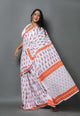 White & Blue Hand Block Butti Print Mul Cotton Saree with Blouse Piece