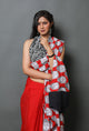 Red Buddha Block Print Mul Cotton Saree with Blouse Piece