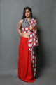 Red Buddha Block Print Mul Cotton Saree with Blouse Piece