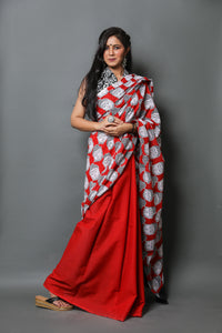Red Buddha Block Print Mul Cotton Saree with Blouse Piece