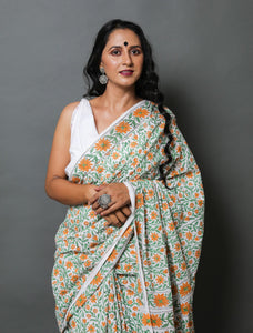 White & Orange Jaal Hand Block Mul Cotton Saree with Blouse Piece