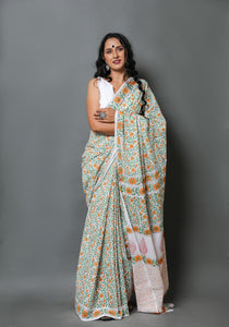 White & Orange Jaal Hand Block Mul Cotton Saree with Blouse Piece