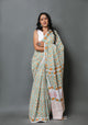 White & Orange Jaal Hand Block Mul Cotton Saree with Blouse Piece