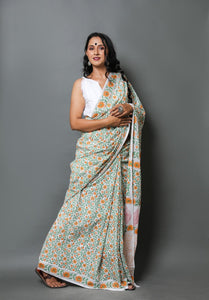 White & Orange Jaal Hand Block Mul Cotton Saree with Blouse Piece