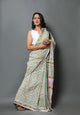 White & Orange Jaal Hand Block Mul Cotton Saree with Blouse Piece