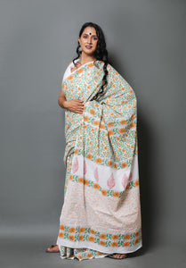 White & Orange Jaal Hand Block Mul Cotton Saree with Blouse Piece