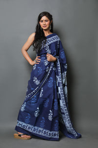 Blue Discharge Print Mul Cotton Saree with Blouse Piece