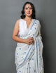 White & Turquoise Star Hand Block Print Mul Cotton Saree with Blouse Piece