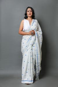 White & Turquoise Star Hand Block Print Mul Cotton Saree with Blouse Piece