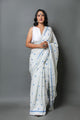 White & Turquoise Star Hand Block Print Mul Cotton Saree with Blouse Piece