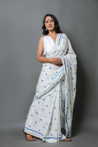 White & Turquoise Star Hand Block Print Mul Cotton Saree with Blouse Piece