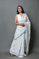 White & Turquoise Star Hand Block Print Mul Cotton Saree with Blouse Piece