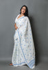 White & Turquoise Star Hand Block Print Mul Cotton Saree with Blouse Piece