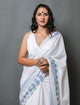White & Blue Hand Block Border Print Mul Cotton Saree with Blouse Piece