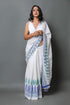 White & Blue Hand Block Border Print Mul Cotton Saree with Blouse Piece