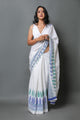 White & Blue Hand Block Border Print Mul Cotton Saree with Blouse Piece