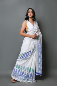 White & Blue Hand Block Border Print Mul Cotton Saree with Blouse Piece