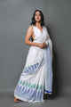 White & Blue Hand Block Border Print Mul Cotton Saree with Blouse Piece