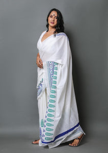 White & Blue Hand Block Border Print Mul Cotton Saree with Blouse Piece