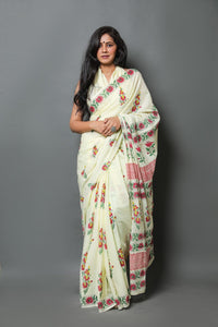 Light Yellow Handblock Butta Print Mul Cotton Saree with Blouse Piece
