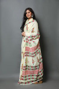 Light Yellow Handblock Butta Print Mul Cotton Saree with Blouse Piece