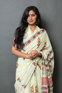 Light Yellow Handblock Butta Print Mul Cotton Saree with Blouse Piece