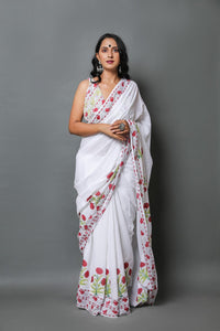White Mughal Hand Block Butta Print Mul Cotton Saree with Blouse Piece
