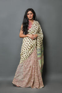 Off-white Duck Hand Block Butti Print Mul Cotton Saree with Blouse Piece