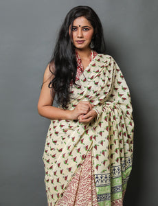 Off-white Duck Hand Block Butti Print Mul Cotton Saree with Blouse Piece