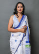 White & Blue Hand Block Butti Print Mul Cotton Saree with Blouse Piece